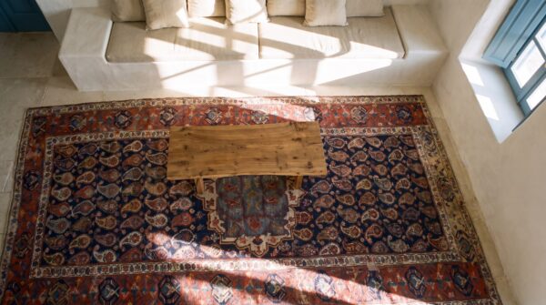 Antique caucasian - russia geometric knotted rug 2 Antique caucasian - russia geometric knotted rug (sku 24879) - styled overhead view
