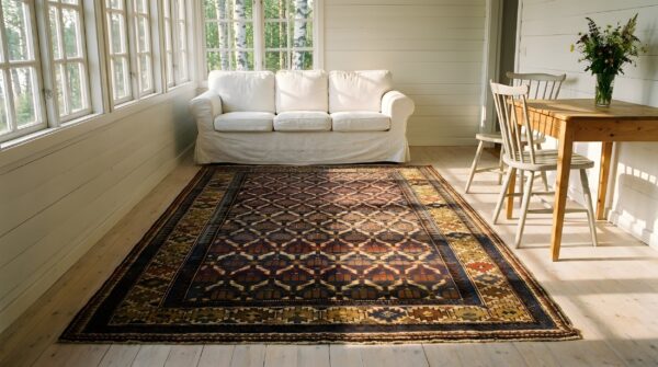 Antique caucasian shirvan blue 1900s square rug 9 Antique caucasian shirvan blue 1900s square rug (sku 19618) - room view