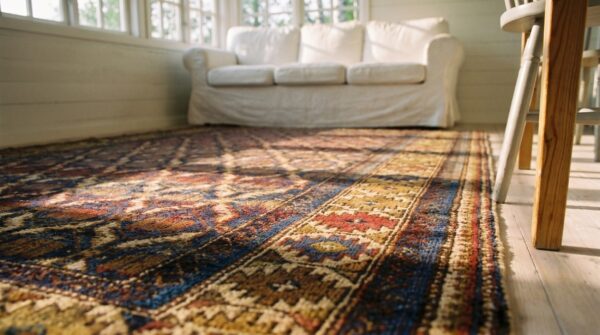 Antique caucasian shirvan blue 1900s square rug 10 Antique caucasian shirvan blue 1900s square rug (sku 19618) - in-room detail