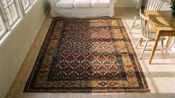 Antique caucasian shirvan blue 1900s square rug 2 Antique caucasian shirvan blue 1900s square rug (sku 19618) - styled overhead view