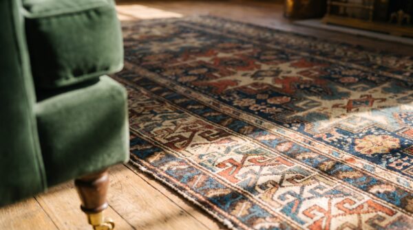 Antique caucasian shirvan hallway runner wool blue rug (sku 18451) - in-room detail