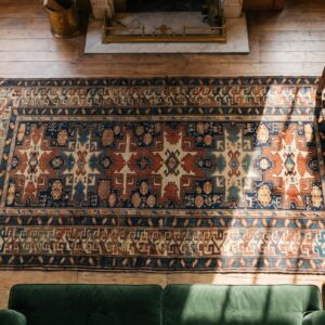 Antique Caucasian Shirvan Hallway Runner Wool Blue Rug (SKU 18451) - styled overhead view
