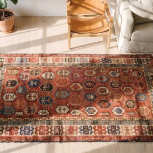 Antique Caucasian Shirvan Hallway Runner Wool Coral Rug (SKU 19704) - styled overhead view
