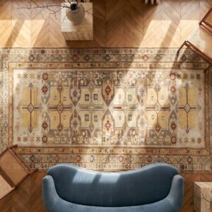 Antique Caucasian - Shirvan Wool Ivory Rug (SKU 18849) - styled overhead view