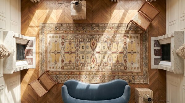 Antique caucasian - shirvan wool ivory rug (sku 18849) - styled overhead view