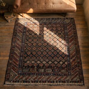 Antique Caucasian - Shirvan Small Scatter Size Wool Black Rug (SKU 21416) - styled overhead view