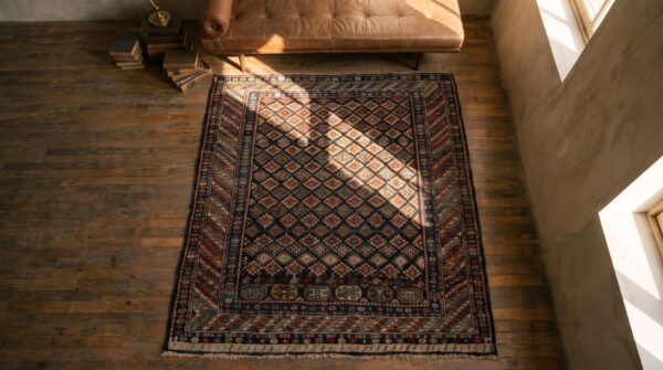 Antique caucasian - shirvan small scatter size wool black rug 2 Antique caucasian - shirvan small scatter size wool black rug (sku 21416) - styled overhead view