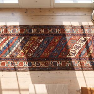 Antique Caucasian Shirvan Tribal Paisley Hallway Runner Rug (SKU 21541) - styled overhead view