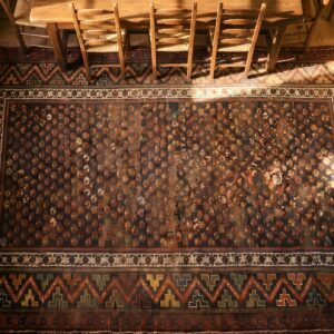 Antique Caucasian Sumak Hallway Runner Wool Rug (SKU 22112) - styled overhead view