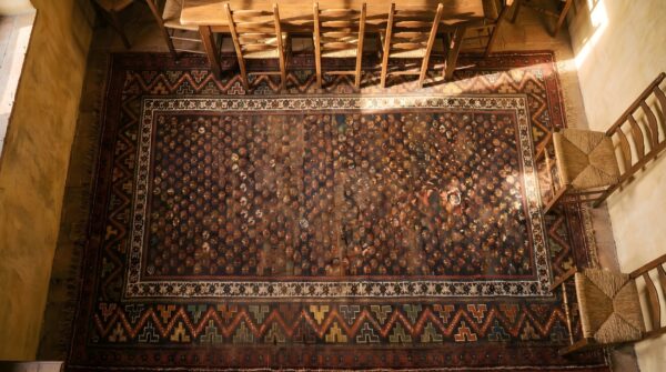 Antique caucasian sumak hallway runner wool rug 2 Antique caucasian sumak hallway runner wool rug (sku 22112) - styled overhead view