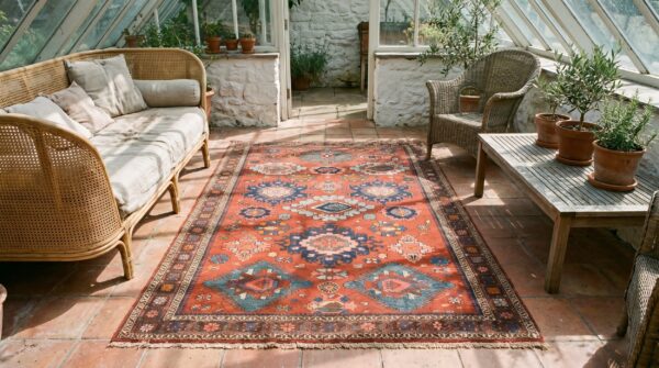Antique caucasian - sumak small scatter size wool coral rug 5 Antique caucasian - sumak small scatter size wool coral rug (sku 19921) - room view
