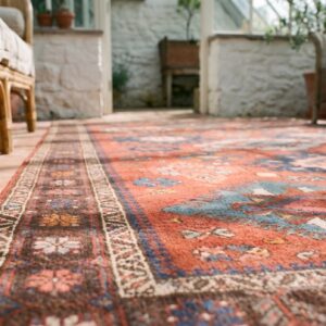 Antique Caucasian - Sumak Small Scatter Size Wool Coral Rug (SKU 19921) - in-room detail