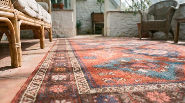 Antique caucasian - sumak small scatter size wool coral rug 6 Antique caucasian - sumak small scatter size wool coral rug (sku 19921) - in-room detail