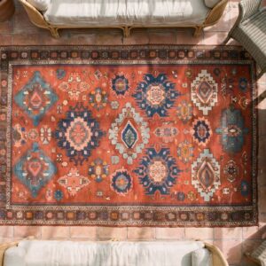 Antique Caucasian - Sumak Small Scatter Size Wool Coral Rug (SKU 19921) - styled overhead view