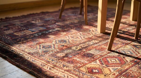 Antique caucasian tribal geometric flatwoven verneh kilim rug - coral 7 Antique caucasian tribal geometric flatwoven verneh kilim rug - coral (sku 23522) - in-room detail