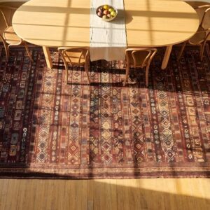 Antique Caucasian Tribal Geometric Flatwoven Verneh Kilim Rug - Coral (SKU 23522) - styled overhead view
