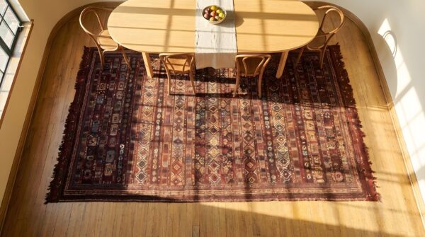 Antique caucasian tribal geometric flatwoven verneh kilim rug - coral 2 Antique caucasian tribal geometric flatwoven verneh kilim rug - coral (sku 23522) - styled overhead view