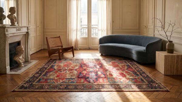 Antique caucasian tribal geometric seychour square wool rug 5 Antique caucasian tribal geometric seychour square wool rug (sku 18554) - room view