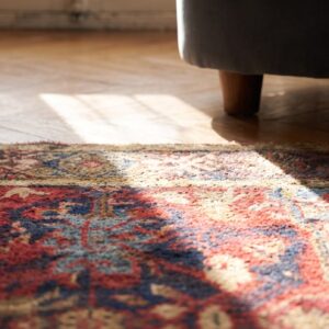 Antique Caucasian Tribal Geometric Seychour Square Wool Rug (SKU 18554) - in-room detail