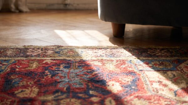 Antique caucasian tribal geometric seychour square wool rug 6 Antique caucasian tribal geometric seychour square wool rug (sku 18554) - in-room detail