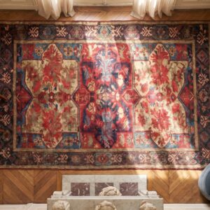 Antique Caucasian Tribal Geometric Seychour Square Wool Rug (SKU 18554) - styled overhead view
