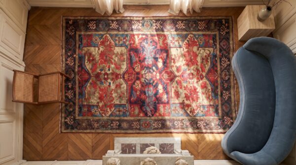 Antique caucasian tribal geometric seychour square wool rug 2 Antique caucasian tribal geometric seychour square wool rug (sku 18554) - styled overhead view