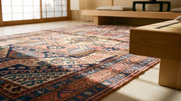 Antique caucasian tribal yastic design wool kazak rug 11 Antique caucasian tribal yastic design wool kazak rug (sku 18197) - in-room detail