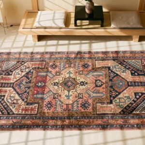 Antique Caucasian Tribal Yastic Design Wool Kazak Rug (SKU 18197) - styled overhead view