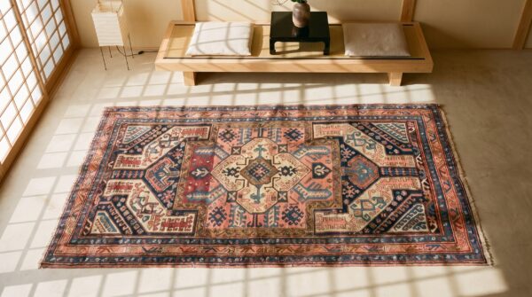 Antique caucasian tribal yastic design wool kazak rug 2 Antique caucasian tribal yastic design wool kazak rug (sku 18197) - styled overhead view