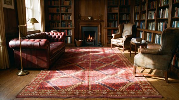 Antique central asian ersari carpet 5'10"×11'10" red diamond, rust border, circa 1890 10 Antique central asian ersari carpet 5'10"×11'10" red diamond, rust border, circa 1890 (sku 17978) - room view