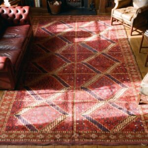 Antique Central Asian Ersari Carpet 5'10"×11'10" Red Diamond, Rust Border, Circa 1890 (SKU 17978) - styled overhead view