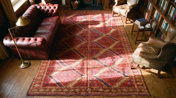 Antique central asian ersari carpet 5'10"×11'10" red diamond, rust border, circa 1890 2 Antique central asian ersari carpet 5'10"×11'10" red diamond, rust border, circa 1890 (sku 17978) - styled overhead view