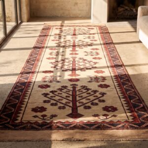 Antique Central Asian Tribal Yamoud Tent Band Hallway Runner Rug (SKU 20958) - styled overhead view