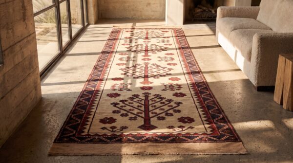 Antique central asian tribal yamoud tent band hallway runner rug 2 Antique central asian tribal yamoud tent band hallway runner rug (sku 20958) - styled overhead view