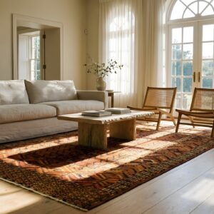 Antique Central Asian Turkmen Engsi Tribal Geometric Coral Rug (SKU 24762) - room view