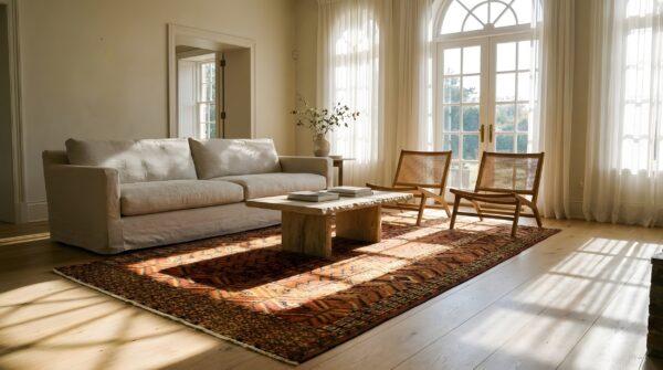 Antique central asian turkmen engsi tribal geometric coral rug 19 Antique central asian turkmen engsi tribal geometric coral rug (sku 24762) - room view
