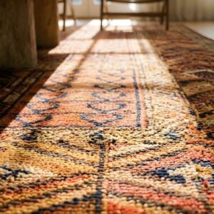 Antique Central Asian Turkmen Engsi Tribal Geometric Coral Rug (SKU 24762) - in-room detail