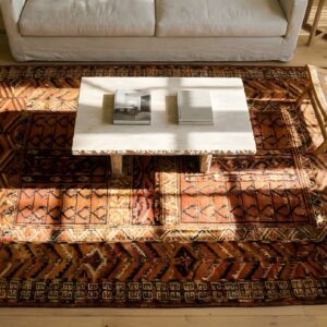 Antique Central Asian Turkmen Engsi Tribal Geometric Coral Rug (SKU 24762) - styled overhead view