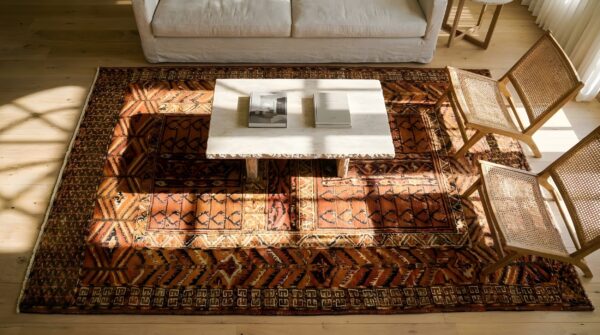 Antique central asian turkmen engsi tribal geometric coral rug 2 Antique central asian turkmen engsi tribal geometric coral rug (sku 24762) - styled overhead view