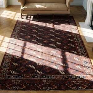 Antique Central Asian Turkmen Yamoud Allover Geometric Knotted Tribal Rug (SKU 23913) - styled overhead view