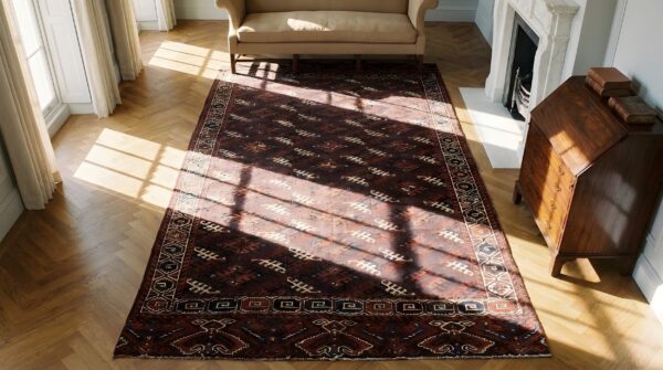 Antique central asian turkmen yamoud allover geometric knotted tribal rug 2 Antique central asian turkmen yamoud allover geometric knotted tribal rug (sku 23913) - styled overhead view