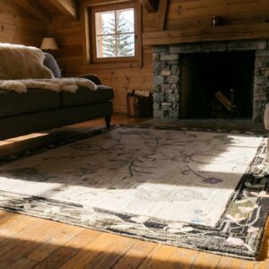 Charcoal and Ivory Color Antique Floral Folk Art American Hooked Rug (SKU 25310) - room view