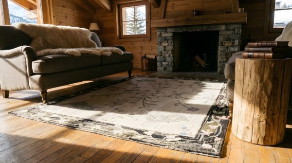 Charcoal and ivory color antique floral folk art american hooked rug 9 Charcoal and ivory color antique floral folk art american hooked rug (sku 25310) - room view