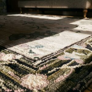 Charcoal and Ivory Color Antique Floral Folk Art American Hooked Rug (SKU 25310) - in-room detail