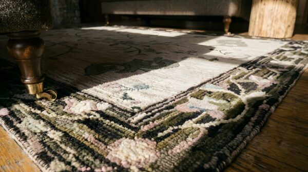 Charcoal and ivory color antique floral folk art american hooked rug 10 Charcoal and ivory color antique floral folk art american hooked rug (sku 25310) - in-room detail