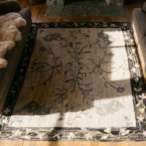 Charcoal and Ivory Color Antique Floral Folk Art American Hooked Rug (SKU 25310) - styled overhead view