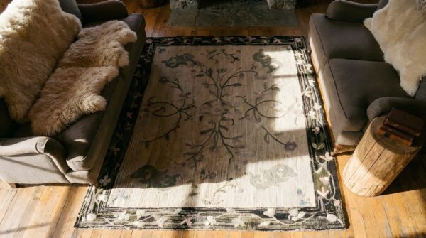 Charcoal and ivory color antique floral folk art american hooked rug 2 Charcoal and ivory color antique floral folk art american hooked rug (sku 25310) - styled overhead view