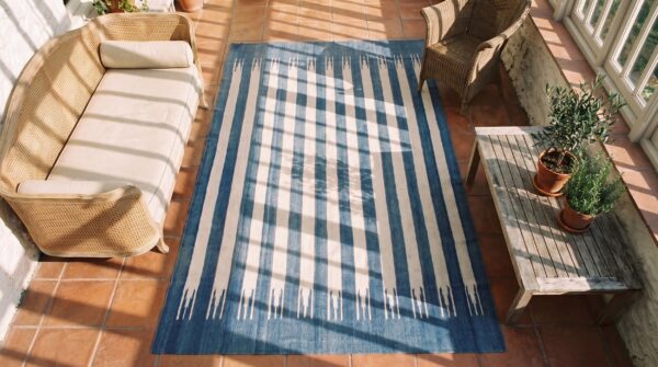Charming antique dhurrie striped rug from india 2 Charming antique dhurrie striped rug from india (sku 21058) - styled overhead view