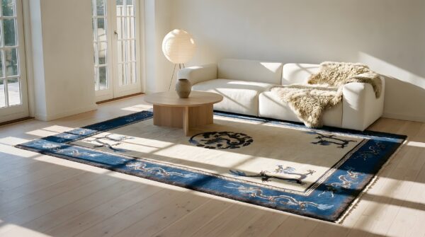 Chinese antique knotted 1900s rectangle wool - peking room size ivory rug (sku 25349) - room view