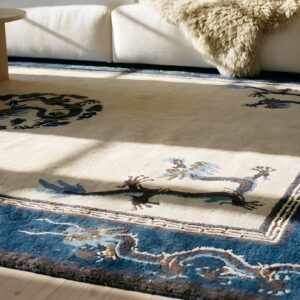 Chinese Antique Knotted 1900s Rectangle Wool - Peking Room Size Ivory Rug (SKU 25349) - in-room detail